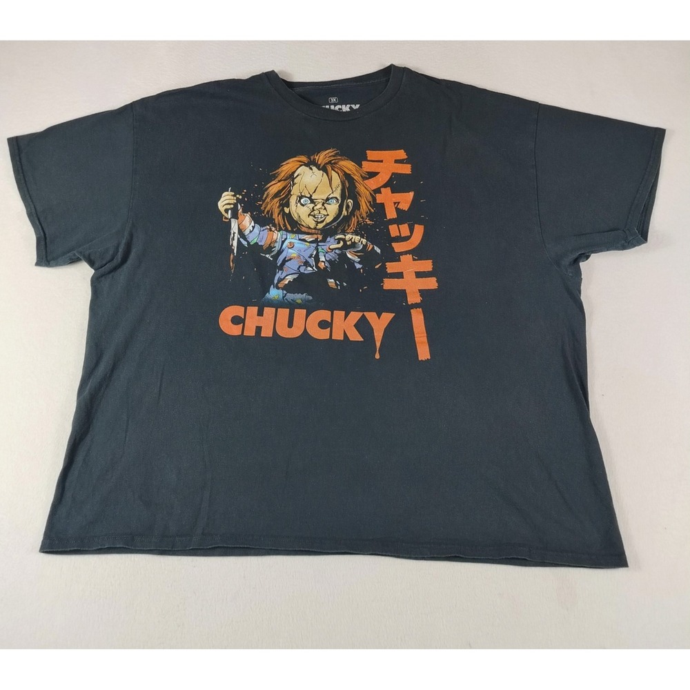 Chucky Shirt Mens 3XL Black Horror Movie Graphic Tee Japanese Text Cotton